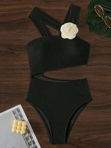 Traje de baño de una pieza con flor 3D de un hombro, traje de baño Monokini con aros push-up huecos, traje de baño de playa de verano 2025