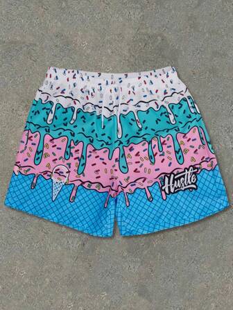 Men's Contrast Color Sports Quick-Dry Drawstring Casual Beach Shorts For Summer, Hawaiian