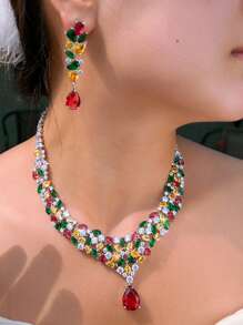 1 conjunto de colar e brincos femininos super luxuosos, multicoloridos e brilhantes, com zircônia cúbica, para festival e festa, conjunto de joias para mulheres, decoração de casamento