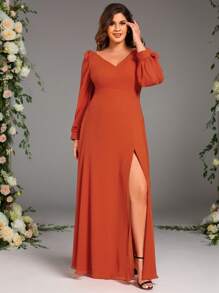 Plus Elegant Long Sleeves Bow Chiffon Bridesmaid Formal Dresses For Wedding