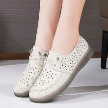 Women's Leather Slip On Hollow Out Flats, New Summer Casual Soft Bottom Shoes, Breathable Loafers