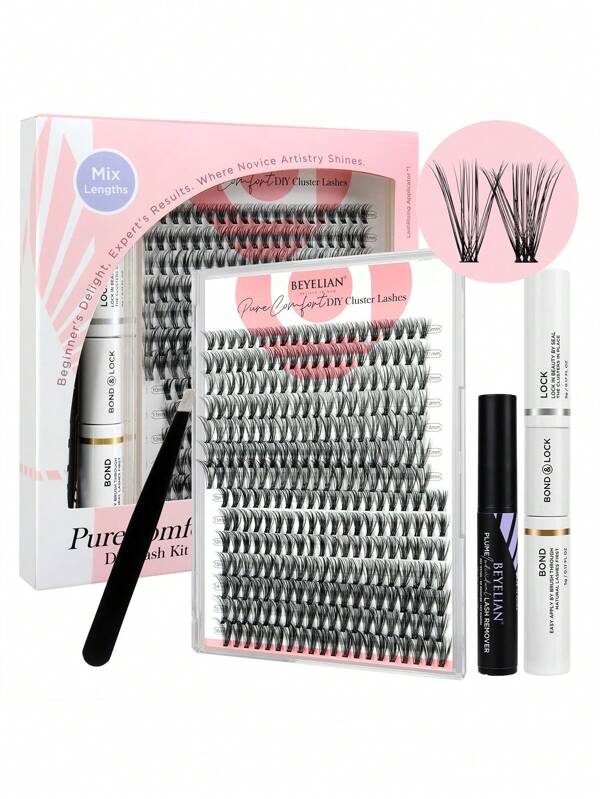 BEYELIAN Lash Extension Kit 280 Pcs D Curl Lash Extension Clusters Lash Clusters Natural Look Cluster Lashes Extensions Super Thin Band & Soft Lashes Reusable 9-16mm MIX (30+40D)