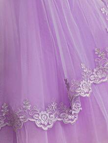 Young Girl Lace Splice Mesh Capelet Dress, Elegant Princess Style Dress For Easter Party, Suitable For Girls Birthday Party, Flower Girl Wedding Dress, Prom Dance Festival Celebration Gown - Mauve Purple - View 5