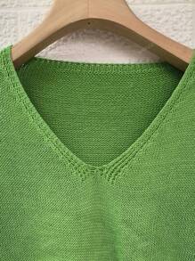 Casual Solid Color V-Neck Loose Knitted Blouse, 3/4 Sleeve, Elegant Commuter Style For Women, European And American, Spring/Summer/Autumn, Plus Size