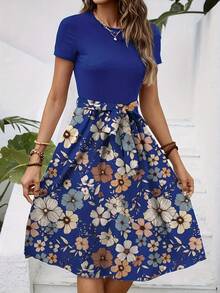 Vestido midi elegante con estampado floral para mujer, de moda para el verano - Azul Marino - Ver 3