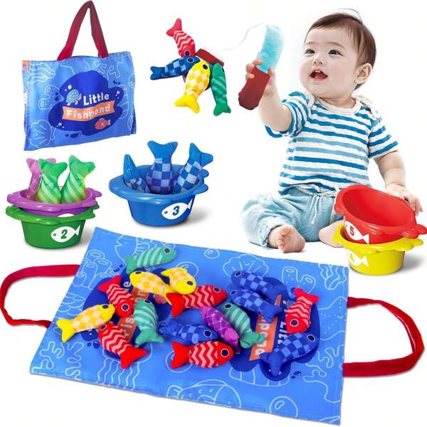 1 zestaw 22 sztuk Montessori Early Learning Toys, materiałowa zabawka wędkarska, sensoryczne zabawki dla niemowląt, gra polegająca na dopasowywaniu kolorów i liczb, zabawny zestaw edukacyjnych zabawek dla niemowląt (w tym torba do przechowywania z motywem kreskówkowym), prezent na Halloween/Boże Narodzenie/Święto Dziękczynienia/urodziny