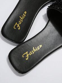 大码拖鞋和凉鞋，新款春夏方头平底凉鞋，搭配连衣裙让腿看起来更长，时尚凉鞋，漂亮女孩夏季沙滩一脚蹬防滑人字拖 - 黑色 - 查看 7