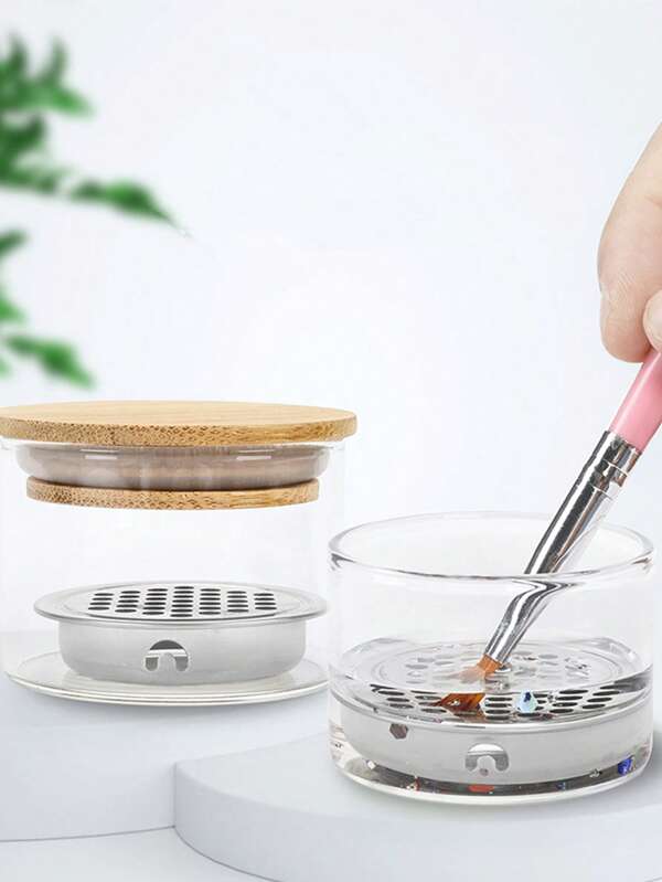 1 Pc Clear Glass Cup Stainless Steel Gridding Sieve Nail Brush Cleaner Cup With Cover Manicure Acrylic Powder Liquid Cleaning Cup Bowl