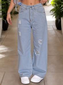 1 pieza pantalon de mezclilla mom jeans rigido,escanpanado con roto  con perla para mujer.hermoso,comodidad. - Celeste - Ver 1