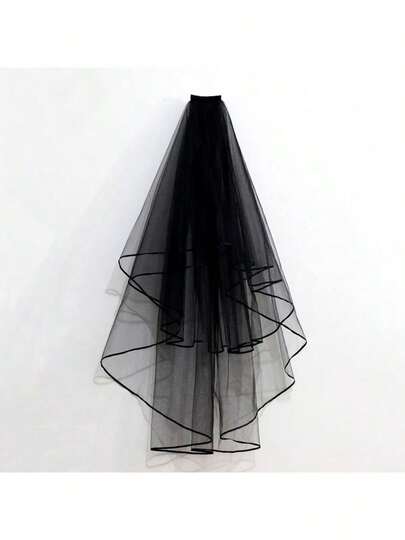 1 件新娘双层缎面饰边纯色经典简约白色/黑色婚纱头纱