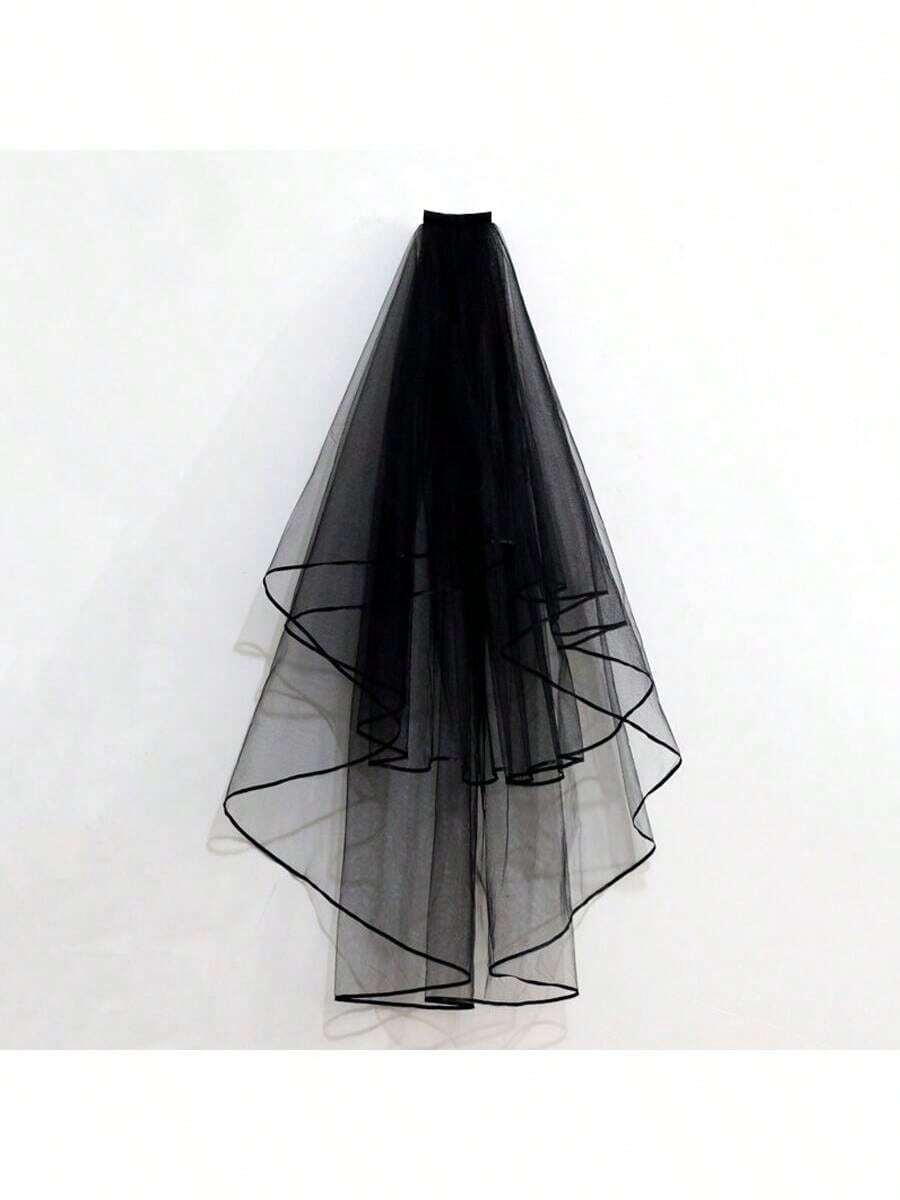 1pc Bridal Double Layer Satin Trim Plain Classic Simple White/Black Wedding Veil - Black - View 1