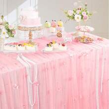 1pc Pearl Flower Tulle Table Runner, Pearl Chiffon Fabric, For Wedding Table, Bridal Shower, Bridal Veil, Birthday Party Decor