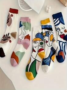 5 pares de calcetines de diseño de pintura abstracta para parejas, calcetines largos transpirables y que absorben la humedad para mujeres, calcetines cómodos y casuales unisex para todas las estaciones, otoño/invierno, estilo europeo