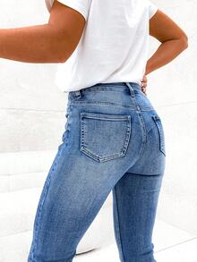 Jeans acampanados para mujer, pantalones informales de pierna acampanada, pantalones acampanados, sólidos y de moda con bolsillos y cierre de cremallera, adecuados para invierno, otoño, verano - Azul - Ver 2