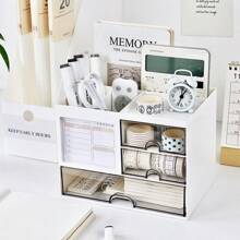1 pièce Boîte de rangement de bureau avec tiroirs, organisateur de papeterie étudiant support à stylos avec support à mémo, organisateur de bureau scolaire à domicile, boîte de rangement pour maquillage, décoration de table, retour à l'école, fournitures scolaires, trousse à crayons, étui à crayons, sac d'école