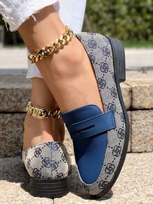 Scarpe piatte da donna stile britannico vintage blu, eleganti mocassini slip-on con punta tonda, da indossare per andare al lavoro o al college, scarpe oxford vintage con stampa floreale - Blu - Visualizzare 3