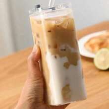 Square Heatproof Glass Cup With Lid And Straw: Suitable For Bubble Tea, Coffee And Juice - Made Of Durable Glass