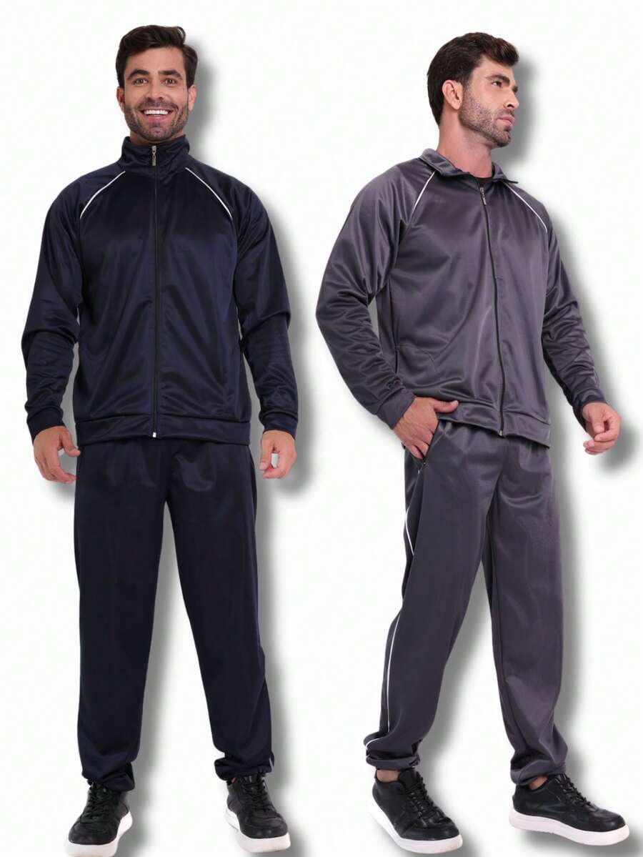 Kit With 2 Pants And 2 Shirts Men's Tracksuit/Set Flannel Chimpa Polyester Sports Outdoor-Athletic Sporty Style Striped Winter Slim Fit Zipper Beach Going Out Night Sports Cycling Casual Weekend Mother's Day - 灰色 - 查看 1