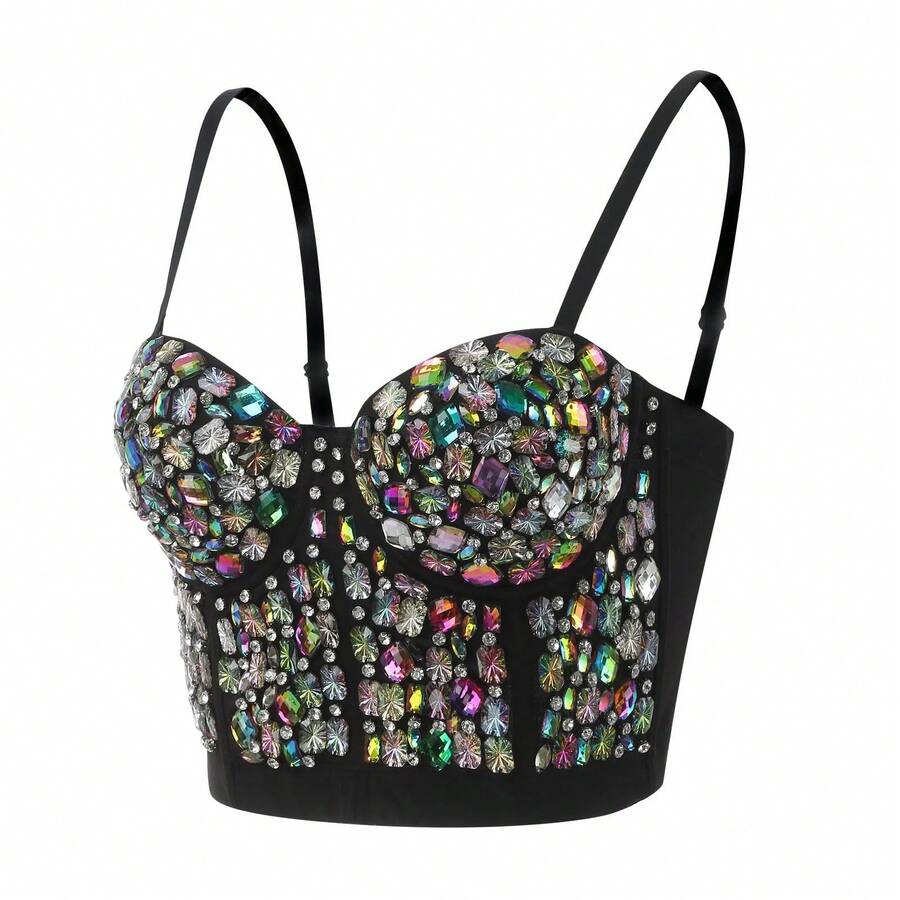 2025 Sexy Diamonds Beaded Tank Tops Summer Bustier Corset Top Tight Fitting Corset Tank Top Suspender And Striped Tops For Women - 紫色 - 查看 1