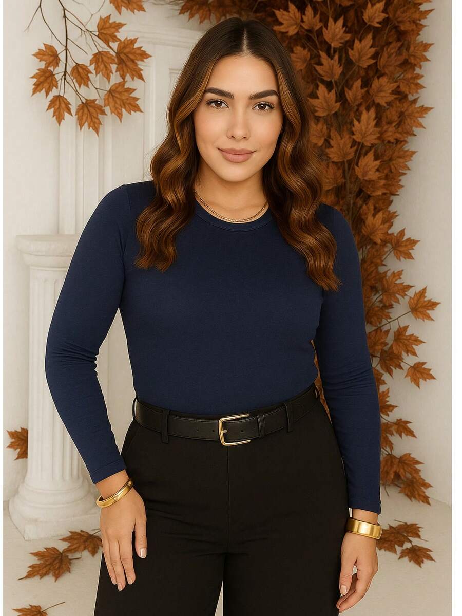 Round Neck Long Sleeve Blouse - Màu xanh hải quân - Xem 1