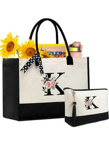 2件套花卉字母印花帆布手提袋，个性化生日礼物（女士），手提包和流苏吊坠化妆包，教师节礼物，带围巾的沙滩包，字母印花旅行简约收纳包，旅行化妆包，教师礼物 - 黑與白 - 查看 15