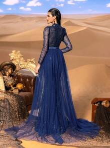 Faeriesty Haute Glamour Elegant Beaded Tulle Overlay Evening Gown With Geometric Patterns – Sheer Mesh Sleeves, Cinched Satin Waist & A-Line Train For Luxury Wedding Banquets, Charity Galas & Fashion Awards - Navy Blue - View 2