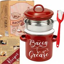 46 OZ Bacon Grease Container With Strainer And Spatula, Stainless Steel  Strainer, Enamel Oil Container, PotFat Storage With Lid - 紅色 - 查看 1