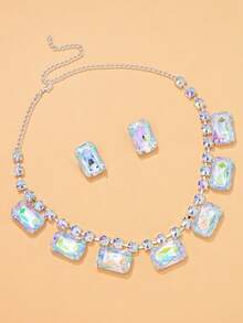 1 Set Silver Color AB Crystal Rhinestone Square Pendant Necklace & Earrings Bridal Wedding Jewelry Set For Women - Silver - View 5