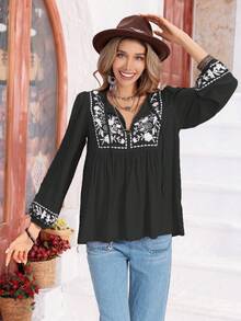 Rusttydustty 女士绿色花卉刺绣长袖衬衫，波西米亚海滩风、音乐节热带度假风 - 黑色 - 查看 6