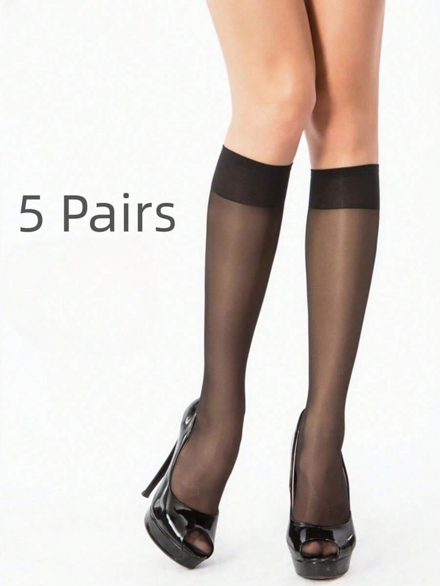 5 双女士半透明黑色中筒袜，时尚百搭日常穿着 - 黑色 - 查看 1