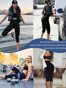 Set de 3 pantalones de yoga de 3/4 para primavera/verano, pantalones deportivos casuales con control de cintura, diseño versátil con bolsillos laterales, estilo minimalista para oficina, ajuste elástico ceñido - Multicolor - Ver 5
