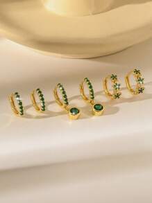 Conjunto de 6 brincos brilhantes de zircônia cúbica em formato de estrela, flor e lágrima, banhados a ouro 18K e cobre, adequados para uso diário feminino, datas ou como presente