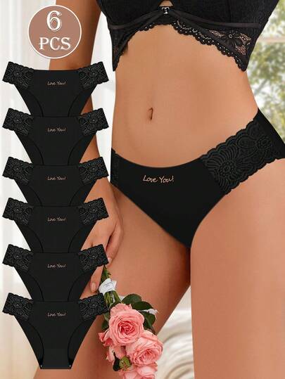 ROMWE 6 Pairs Women's Low Waist Panties, Lace Underwear, Solid Color, Sexy