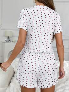 女士休闲两件套睡衣套装，带荷叶边心形印花短袖上衣和松紧腰短裤，适合春夏季 - 白色 - 查看 7