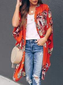 Womens Floral Kimono Duster Cardigans Short Sleeve Draped Oversized Beach Cover Up Cape - 紅色 - 查看 6