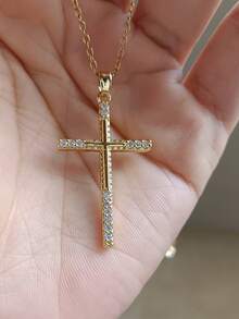 1pc Men Copper Inlaid Cubic Zirconia Cross Pendant Necklace, Versatile Daily Accessory - Yellow Gold - View 9