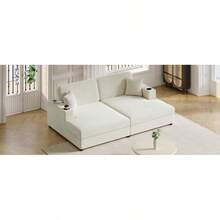 86.5" Oversized Loveseat Chaise Lounge Sectional Sofa Bed Corduroy Sleeper Sofa With Two USB Ports , Two Cup Holders And Two Throw Pillows For Living Room And Bedroom, Beige - 1 - View 2