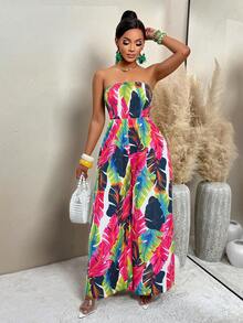 AIJ Women's Vintage Floral Print Pleated Wide Leg Jumpsuit (Random Print), Summer - Blue - View 2