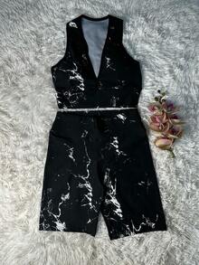 Kit 2 Women's Marble Fitness Set – Cropped Top With Padded Cup + Cycling Shorts For The Gym - 黑色/紫色 - 查看 3