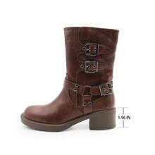 Women Buckle Strap Combat Boots Mid Calf Chunky Heel Motorcycle Boots For Women Casual Vintage Style Non-Slip Riding Boots Faux Leather Winter Shoes Durable Side Zipper Lace Up Rugged Outdoor Footwear Comfortable Everyday Boots - 科涅克白蘭地 - 查看 6