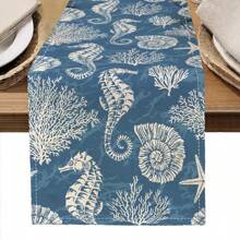 1pc Seahorse Print Table Runner, 4pcs Seahorse Print Placemats, Suitable For Festivals, Parties, Birthdays, Dinners, Kitchen & Dining Table Decor, Applicable All Year Round For Home Decoration And Textiles