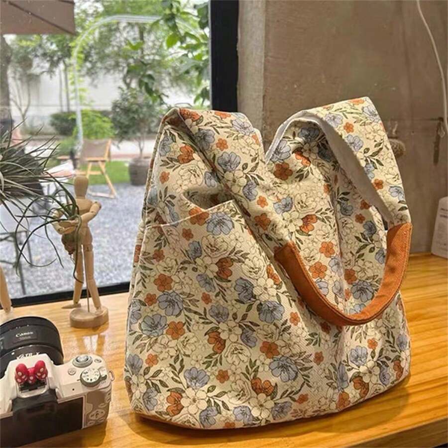 Canvas Shoulder Bag Retro Oil Painting Flower Large Tote Purse Cute Handbag For Women For Daily Office Travel - Multicolor - View 1