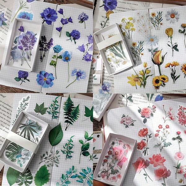 2 piezas Pegatinas de cuaderno con estilo aleatorio de plantas y flores, materiales de recortes de artesanía de resina, libro de recortes de pegatinas y calcomanías DIY