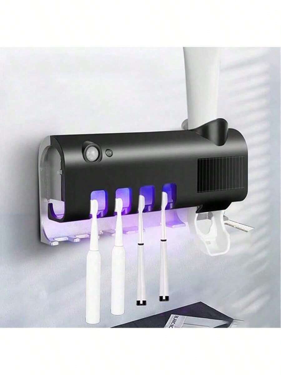 Tube Squeezing Aids, Automatic Toothpaste Dispenser Wall Mount Dust-Proof Toothbrush Holder Wall Mount Storage Rack Bathroom Accessories Set Squeezer Shelf - 黑色 - 查看 1