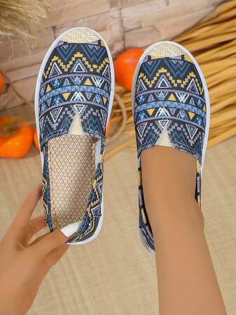 1 Par de Zapatos Slip-On de Lienzo Unisex, Transpirables y Antideslizantes, Nuevo Patrón de Rombos, Adecuados para Uso Diario, Vacaciones, Compras, Primavera/Otoño