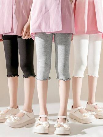 3 条女童/儿童/幼儿荷叶边下摆七分紧身裤，纯白色/灰色/黑色/粉色，轻盈的 3/4 长裤，休闲可爱时尚，适合日常穿着，柔软舒适，可搭配衬衫/连衣裙，适合学生