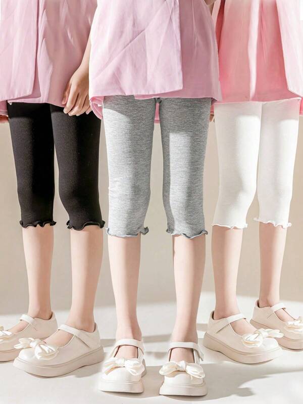 3 Pairs Girls/Kids/Toddlers Ruffle Hem Capri Leggings, Solid White/Gray/Black/Pink, Lightweight 3/4 Length Pants, Casual Cute Fashion, Suitable For Daily Wear, Soft & Comfortable, Can Be Paired With Shirts/Dresses, Suitable For Students