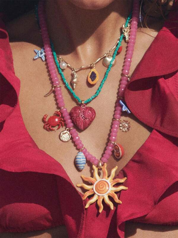 1 pieza Collar personalizado de lujo con colgante metálico con diseño de sol, cangrejo y corazón de estilo fashionista con cuentas