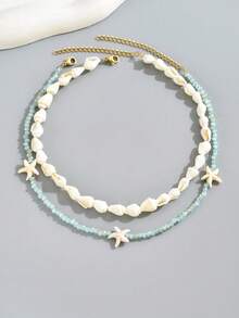 2pcs Crystal Decor Starfish Pendant Necklace, Bohemian Style Simple & Fashionable Casual Beach Bead & Shell Layered Necklace Set, Suitable For Women Daily And Travel Wear - White - View 8