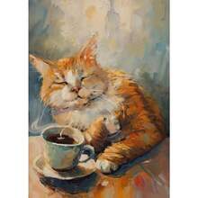 1 件可选有趣的橙色猫躺在向日葵海报可爱猫喝咖啡帆布画适用于客厅墙壁艺术画家居装饰壁画可重复使用框架 - 彩色 - 查看 52